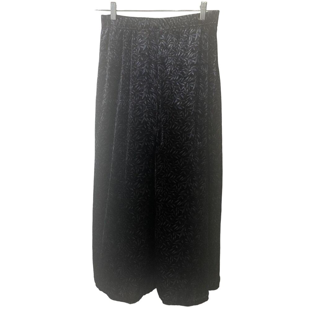 KATHIE LEE Velvet Maxi Skirt Black Velour Leaves Elastic Waist Size Large